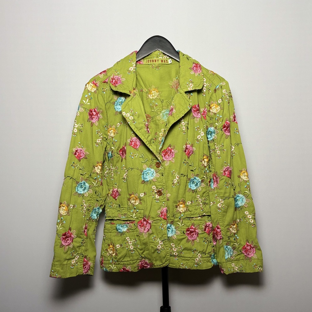 Johnny Was Embroidered WhimsicalFloral Green Boho Jacket 100% Cotton Size M